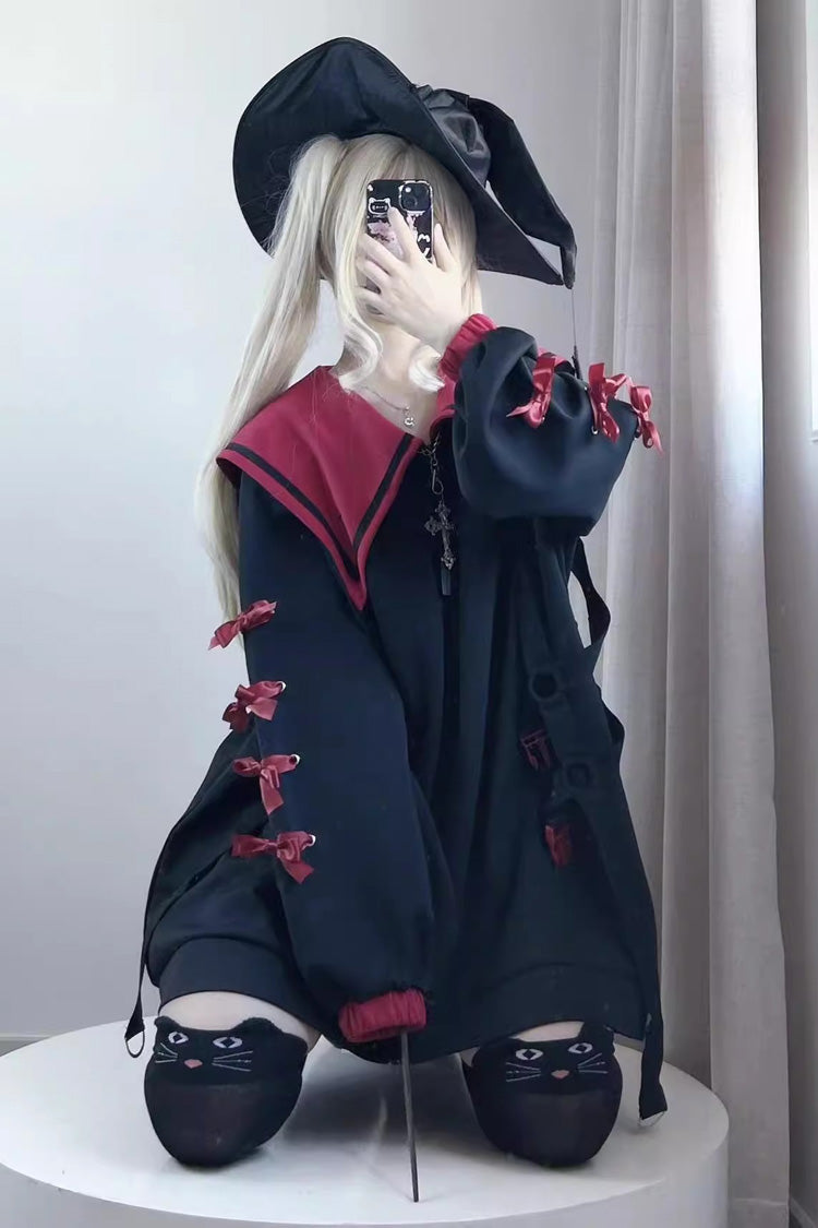 Sailor Collar Long Sleeve Cross Print Bow Coat - Jirai Kei
