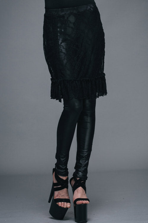 Obsidian Rose Lace Mesh Over-Skirt Faux Leather Pants for Women