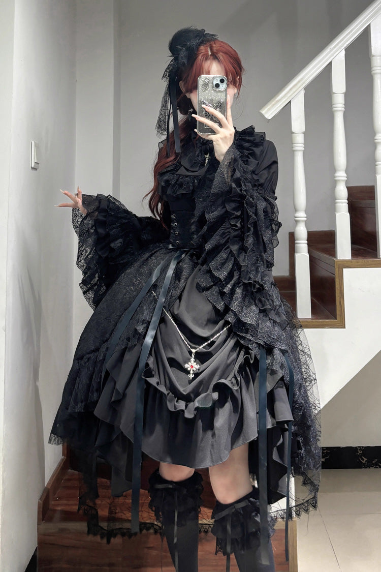 Black Eternal Taboo Long Hime Sleeves Ruffled Bow Gothic Skirt Dress Set