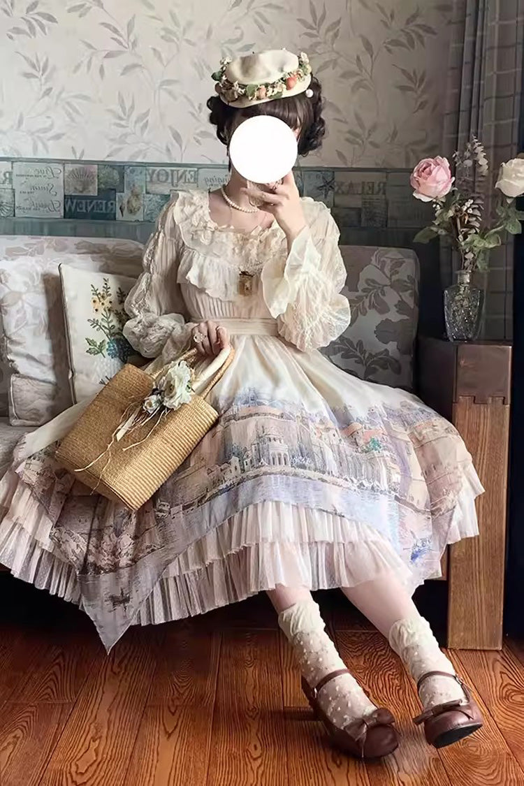 Irregular Apricot Layered Print Sweet Lolita JSK Dress