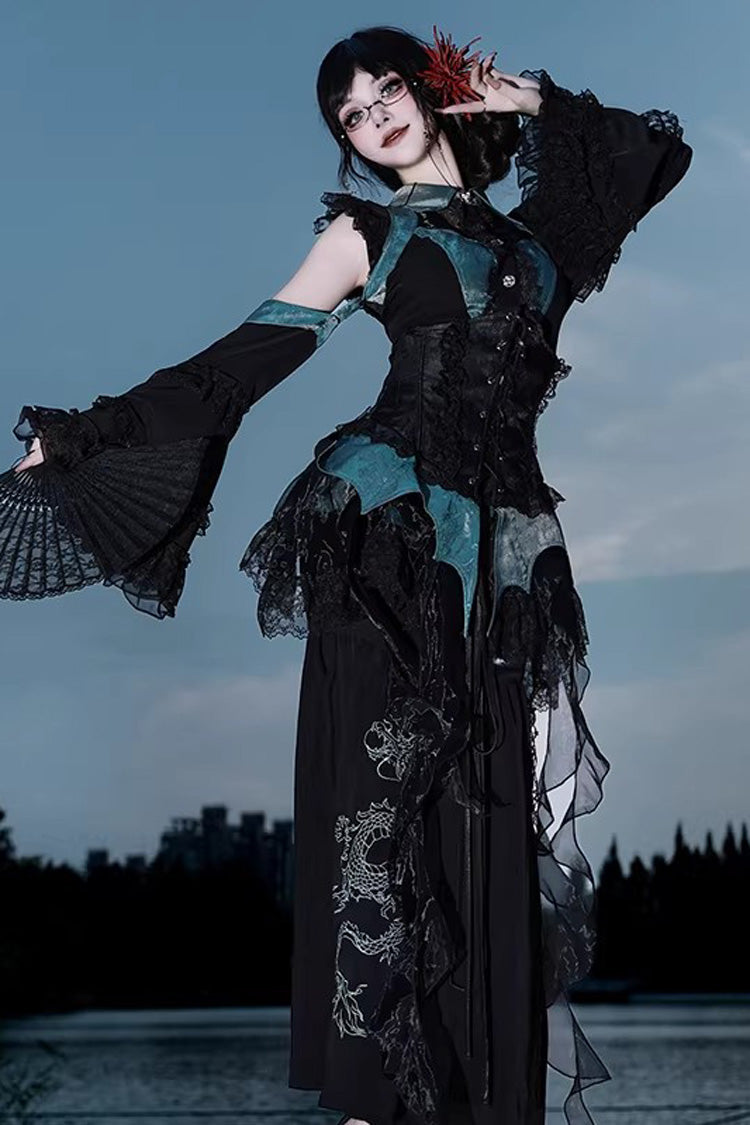 Sky Dragon Chinese Gothic Lolita Embroidered Skirt Set with Print