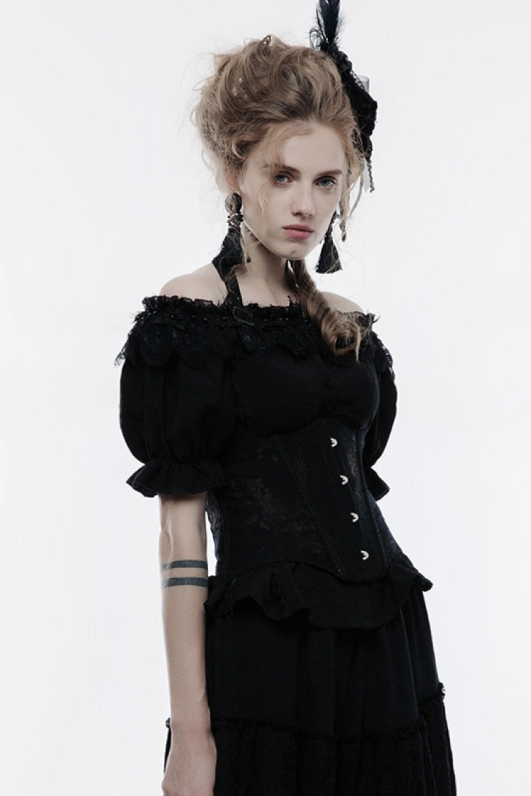 Supportive Black Jacquard Lace-Up Halter Gothic Breast Vest