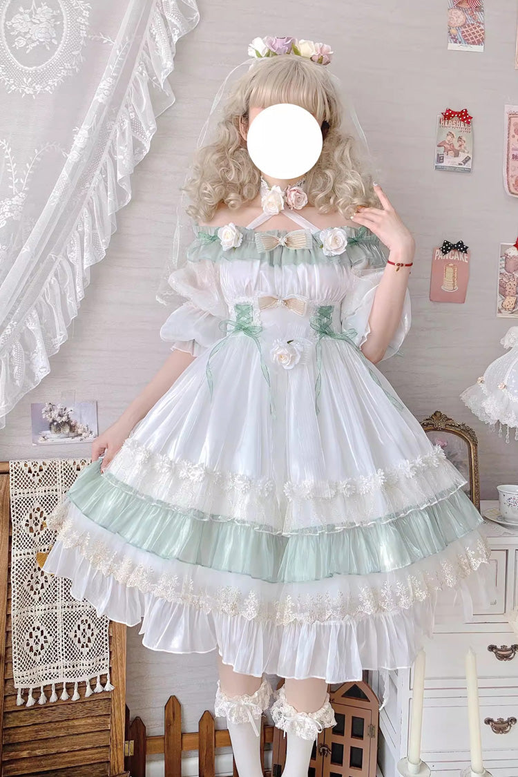 Long Sleeve Multi-Layer Ruffle Bow Lace Lace-Up Sweet Princess Lolita Dress - Green