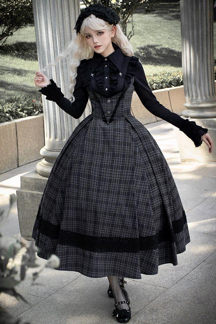 Gothic Lolita Dress with Plaid Print Ruffle and Chest Support