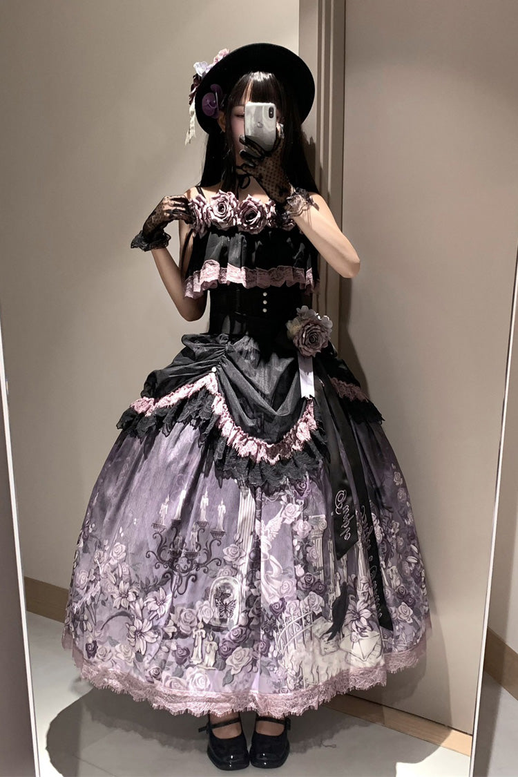 Angel Garden Black Purple Sleeveless Print Ruffle Bowknot Lace Sweet Gothic Skirt Set
