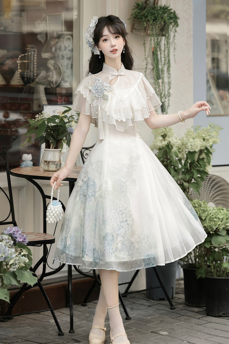 Ivory Print Ruffle Lace Chinese Elegant Short Dress