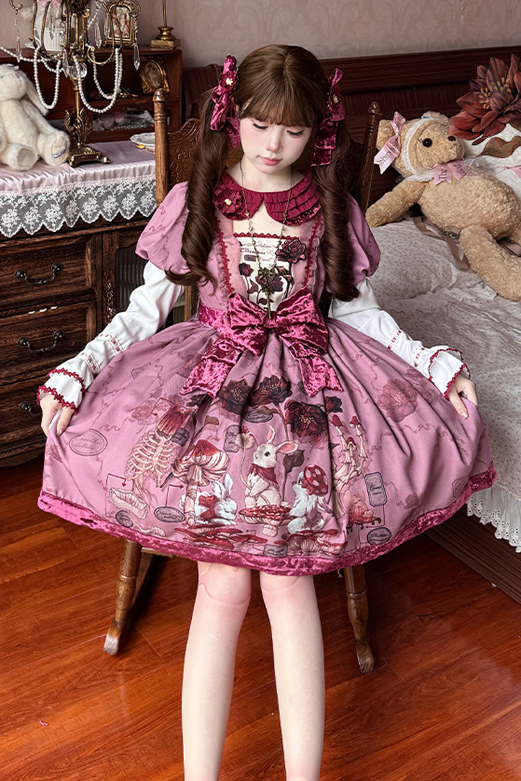 Short Sleeve Rabbit Sunflower Print Ruffle Embroidery Bow Sweet Dress in Red