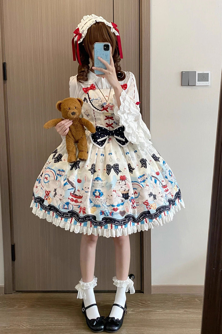 Sleeveless Print Ruffle Bowknot Lace Sweet Lolita Jsk Dress Beige