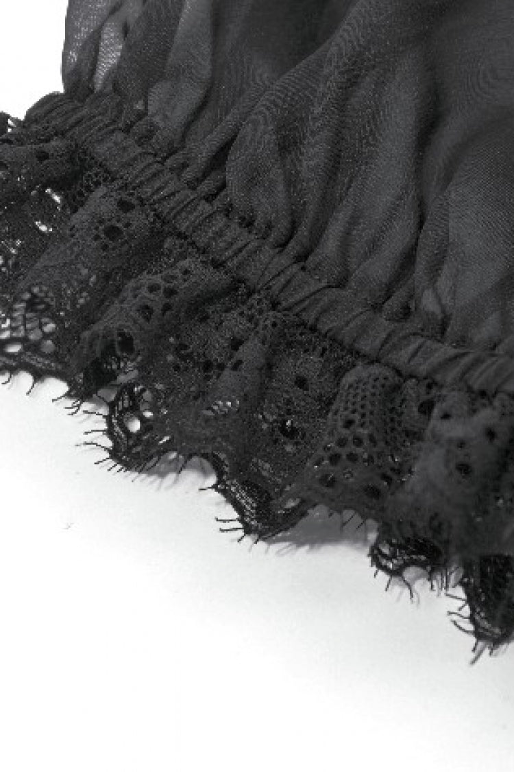 Courtly Gothic Blouse with Puff Sleeves and Lace, Black