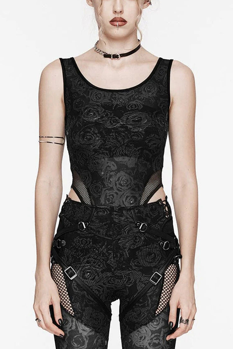 Sleeveless Lace Mesh Sheer Steampunk Bodysuit with Print