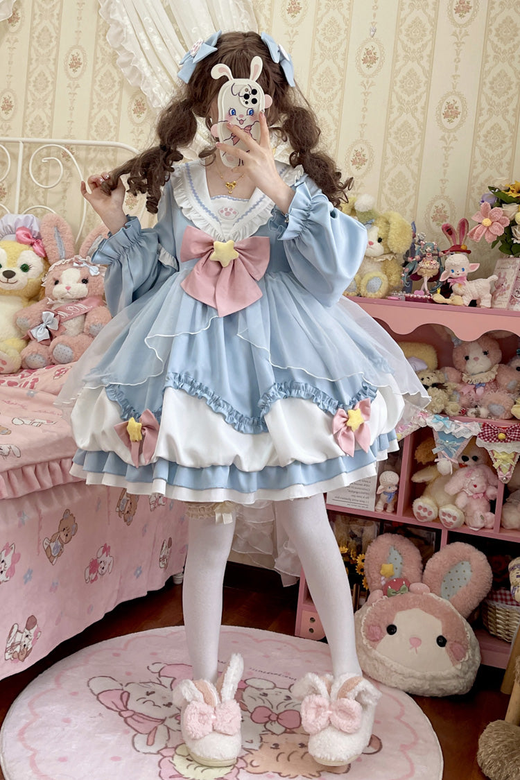 Pray Star Sweet Lolita Dress with Double Ruffles and Stitching