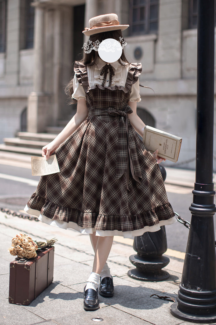 Brown Thames at Dusk Print Dress with Ruffled Bow and Short Sleeves