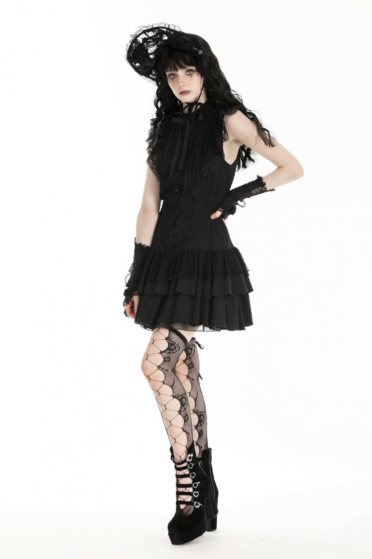 Gothic Sleeveless Black Lace Bow-Accented High-Neck Triple-Tiered Hem Long Dress