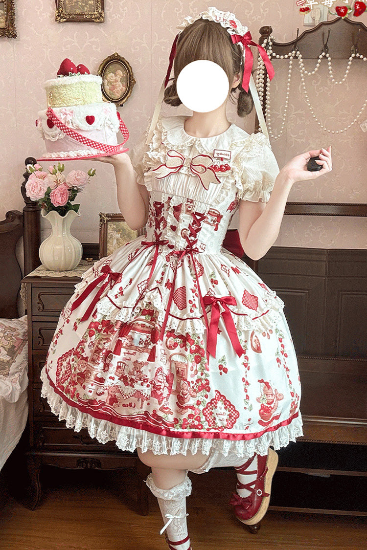 Strawberry Bear Print Sleeveless Lolita JSK with Lace