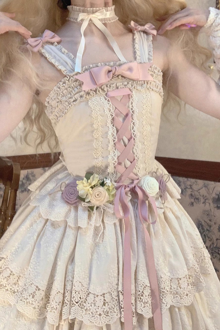 Cream Forest Waltz Embroidery Bow Lace-Up Slim Elegant Sweet Lolita Suspender Top
