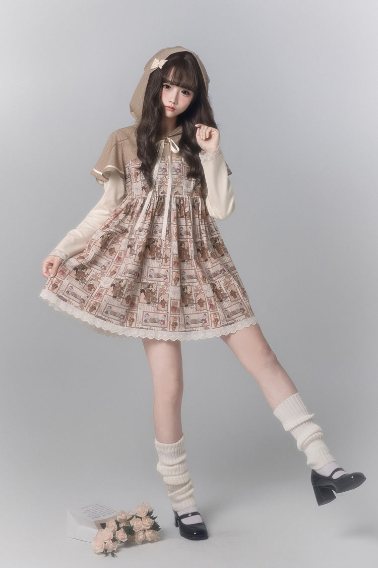 Bear Stamp Long Sleeve Printed Hooded Sweet Dress