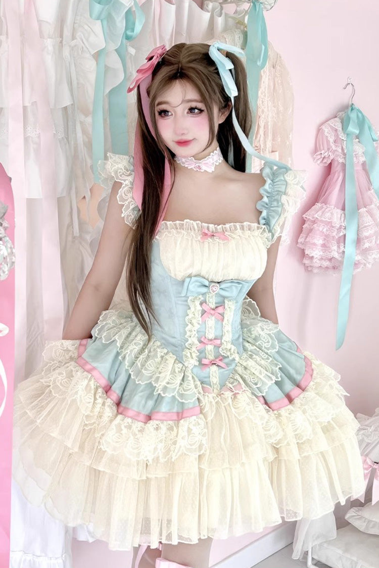 Cerulean and Ivory Triple Ruffled Bow Lace Ballet Sweet Lolita Dress - Girly Scent Edition