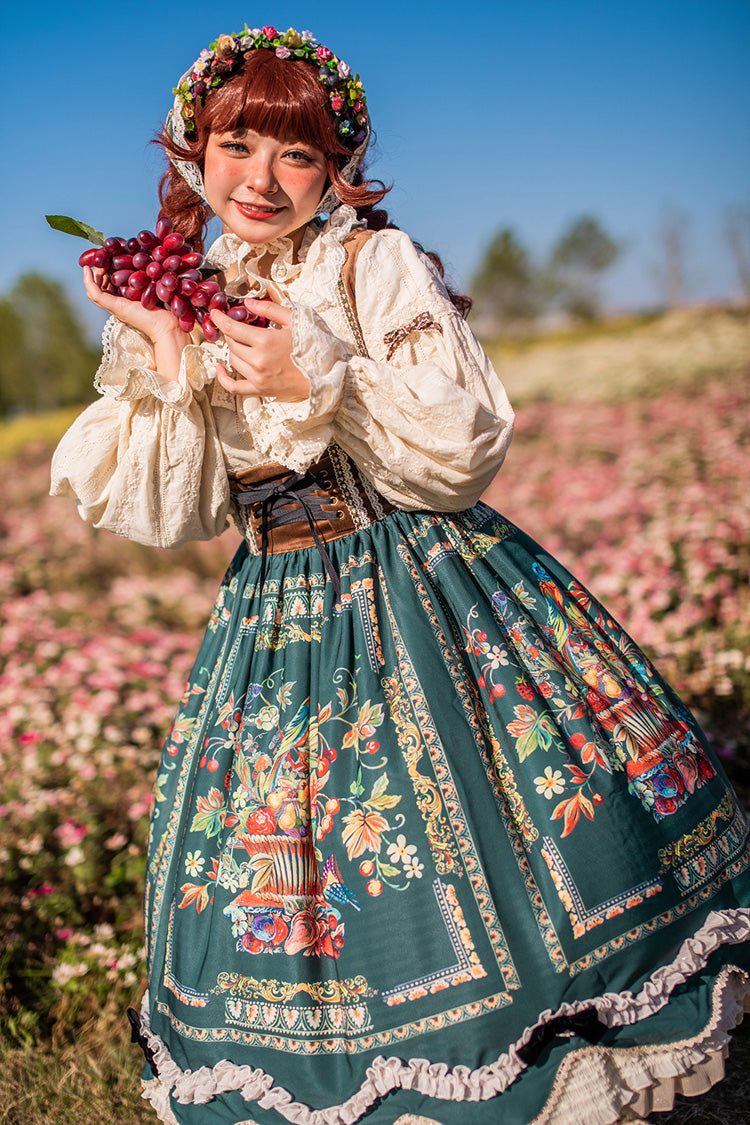 Green Velvet Classic Lolita JSK Dress with Berries and Birds Print Ruffle Bowknot