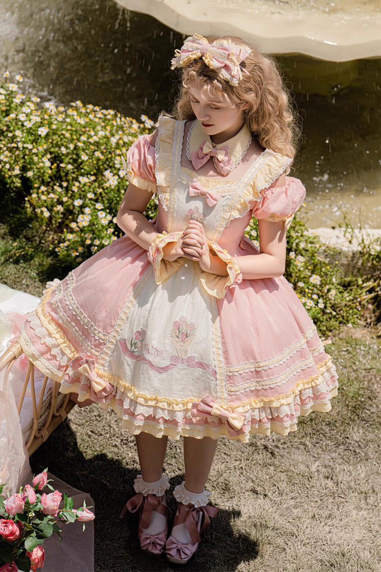 Pink Tulip Print Short-Sleeve Ruffle Bow Sweet Lolita Dress
