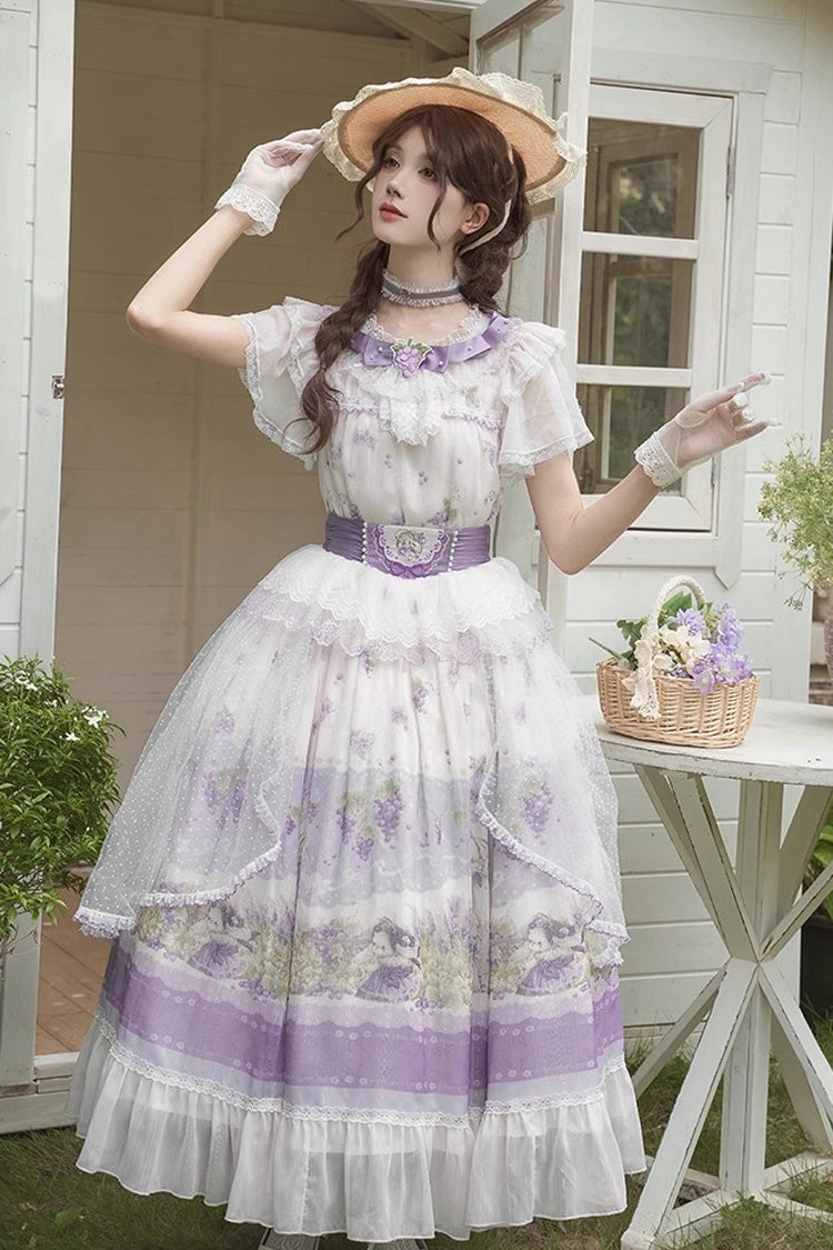 Ivory and Lavender Rabbit Vine Grape Print Short Sleeve Ribbon Lace Elegant Sweet Lolita Skirt Set
