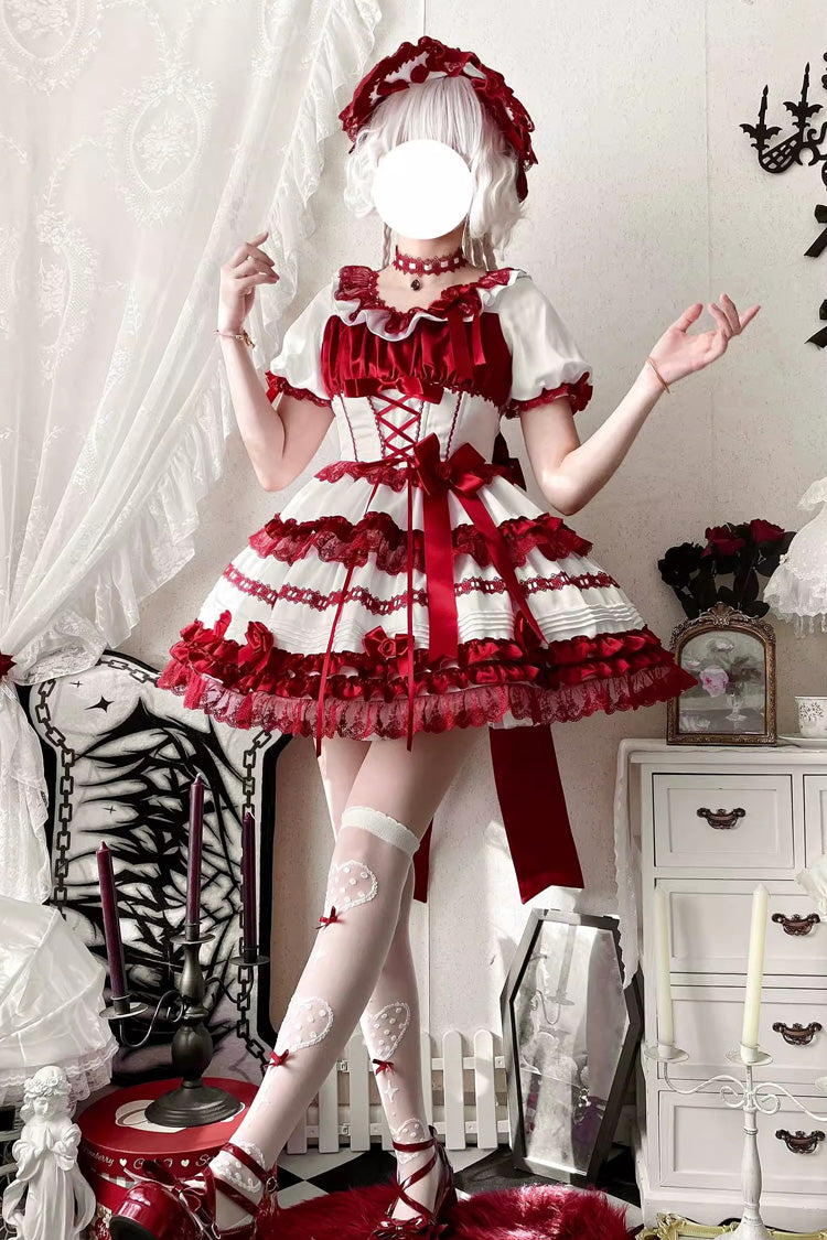 Ivory and Ruby Velvet Short Sleeve Ruffled Ribbon Lace Sweet Lolita Dress