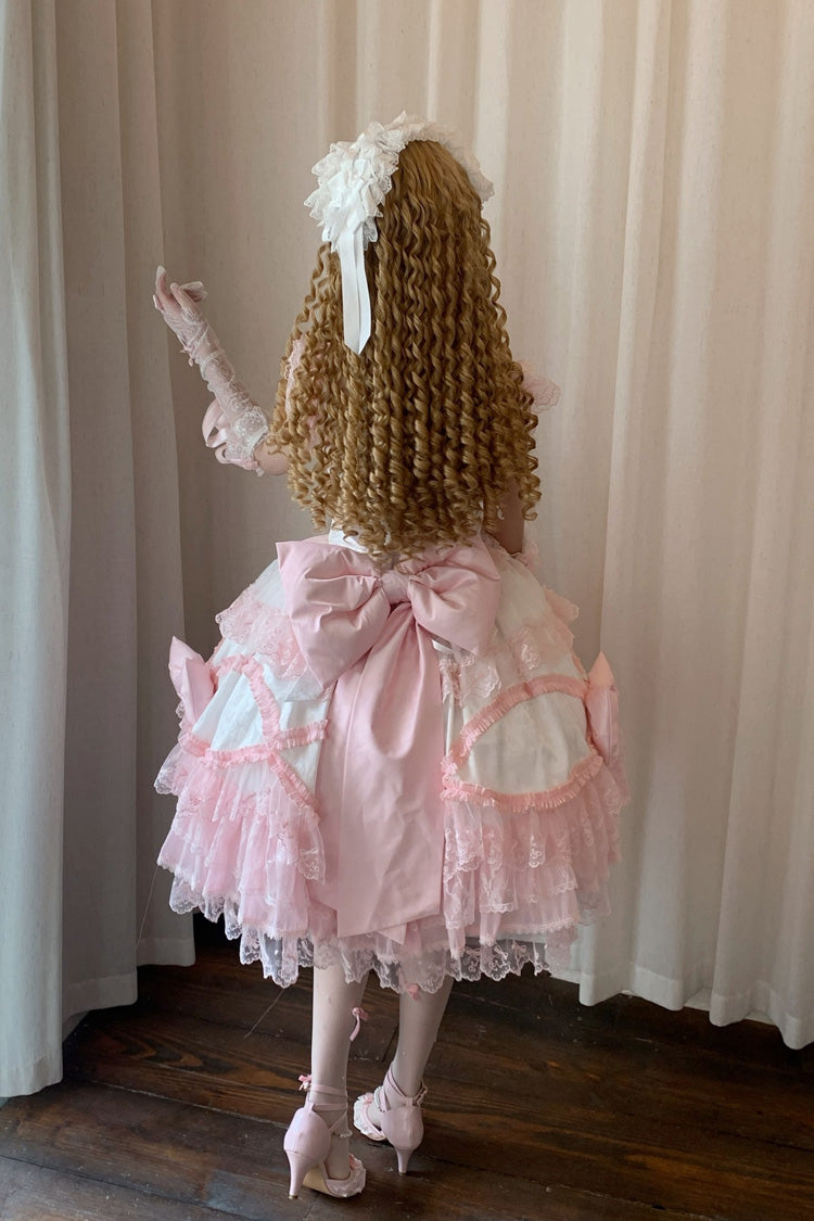 Ivory & Pink Square Collar Multi-Layer Ruffled Bow Lace Sweet Lolita JSK