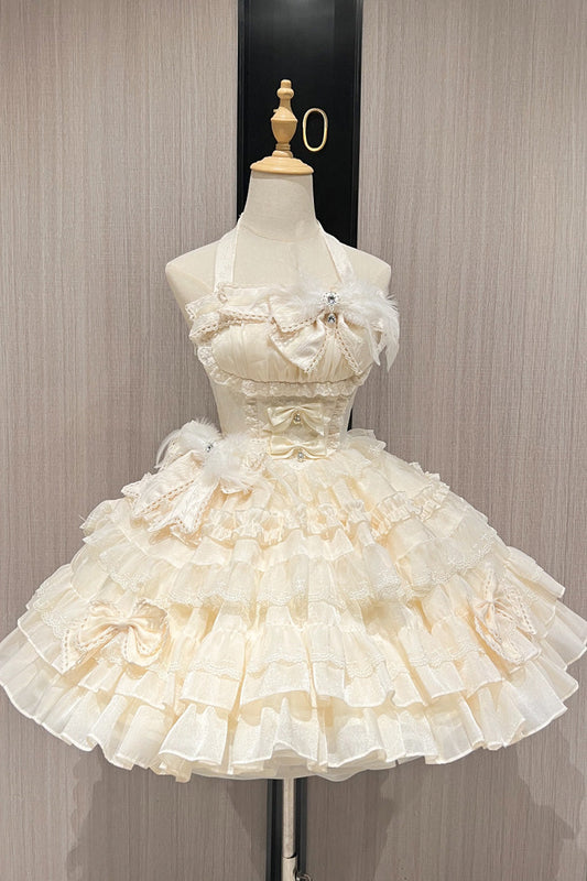 Swan Overture Apricot Halterneck Sleeveless Multi-Layered Ruffle Bowknot Lace Sweet Dress