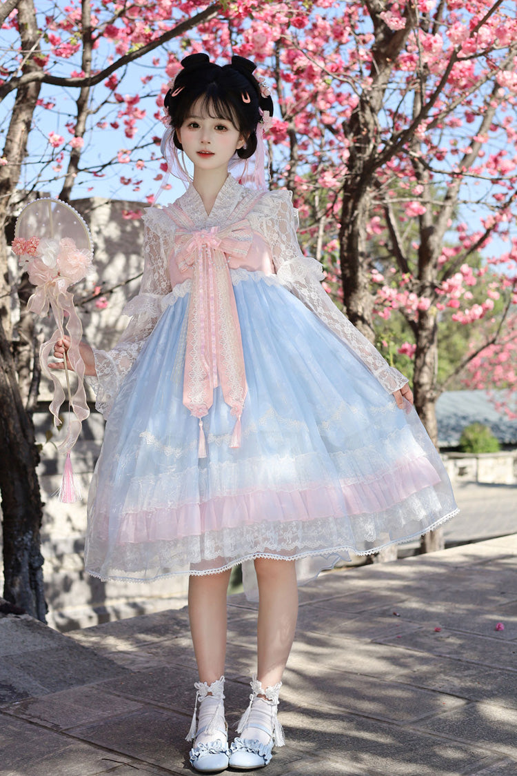 Peach Blossoms in Spring Fields Sweet Chinese Lolita JSK with Ruffles