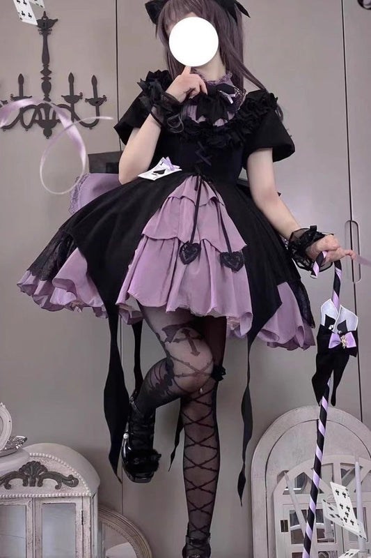 Black Purple Phantom Thief Ace of Spades Short Sleeve Ruffle Bow Gothic Lolita Set