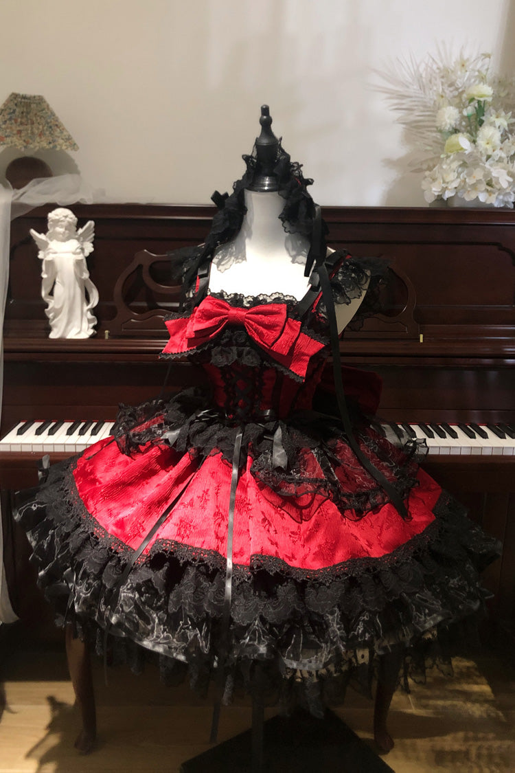Red Sweet Ballet Lace Ruffle Sleeveless Bowknot Jsk Dress - Fleishi Island