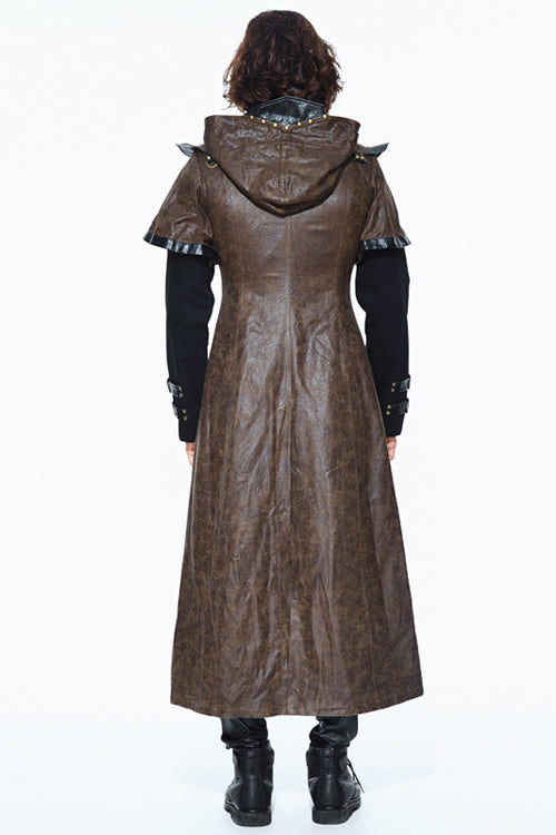 Steampunk Hooded Leather Coat with Dual Sleeves, Brown