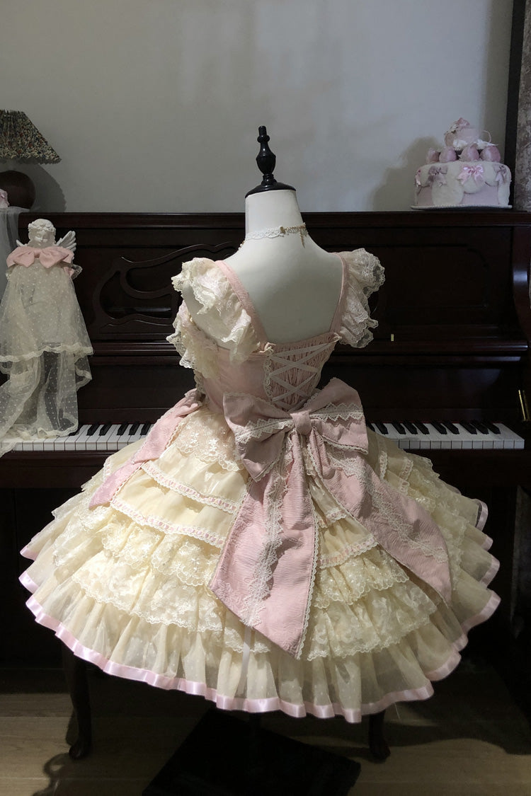 Yellow Cream Puff Mille-Feuille Sleeveless Multi-Tiered Bow Lace Sweet Lolita Jumper Dress