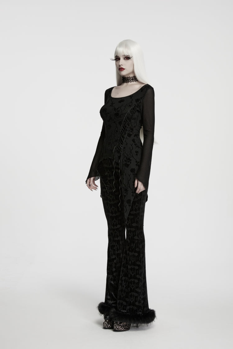 Charcoal Crewneck Long-Sleeve Jacquard Lace-Up Asymmetric Elegant Gothic Top for Women