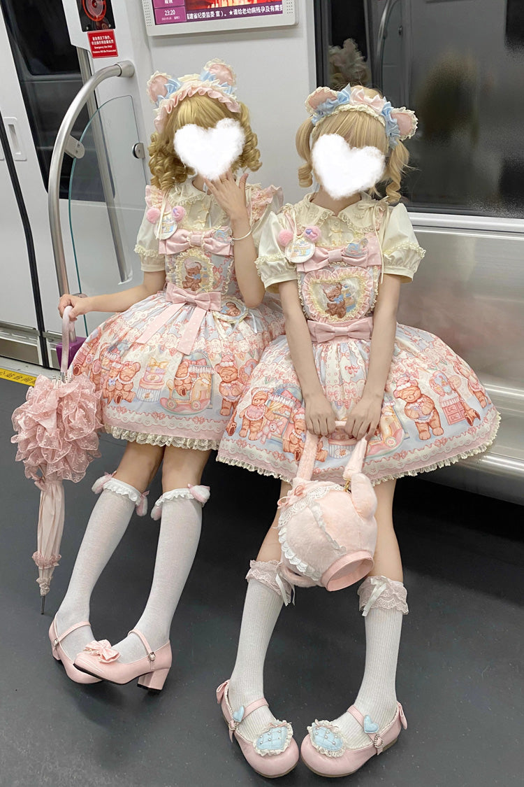 Bear Anniversary Celebration Sleeveless Printed Ruffled Bow Sweet Lolita Tank Dress Two Colors