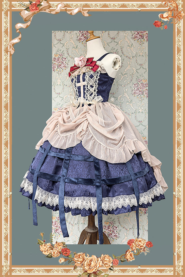Sleeveless Printed Ruffled Bow Lace-Up Gothic Elegant Jsk Dress - Two Colors