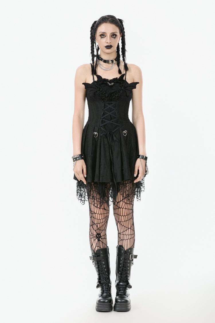 Sleeveless Lace Lace-Up Pleated Gothic Dark Demon Slip Dress