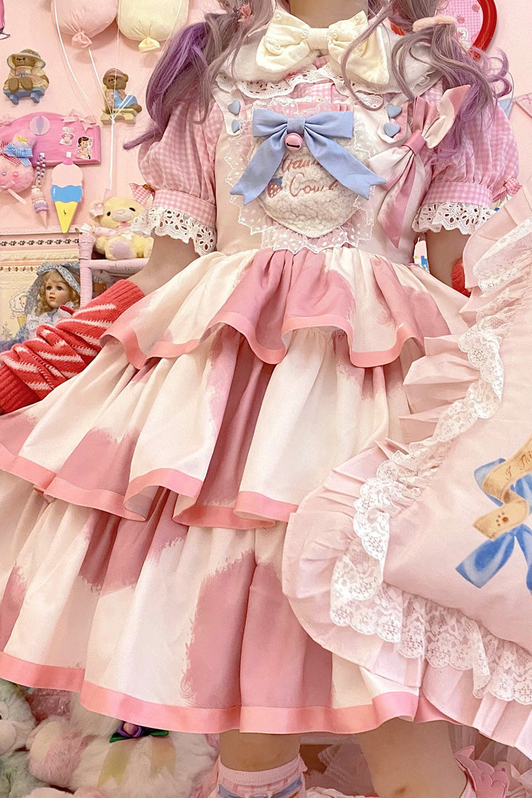 Pink Sleeveless Cow-Print Triple-Layer Ruffle Bow Sweet JSK Dress