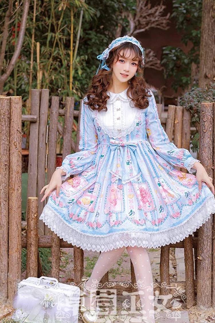 Blueberry Print Long Sleeves Ribbon Girly Princess Lolita Dress - 4 Shades
