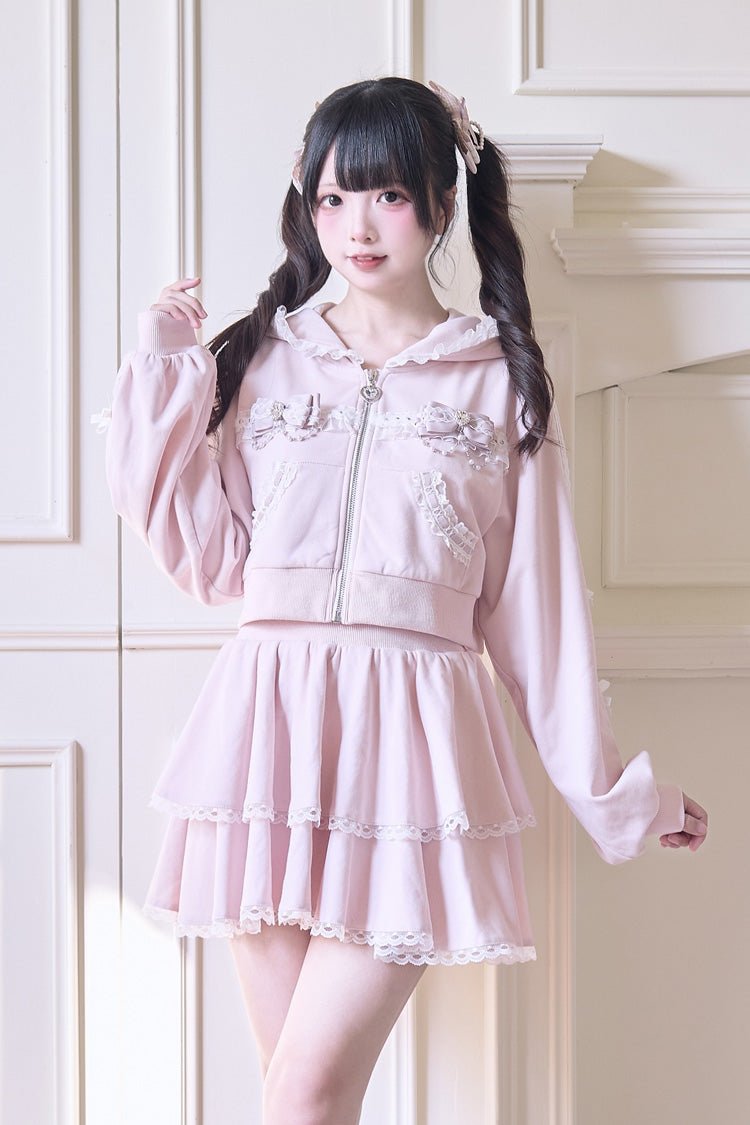 Hooded Bow Lace Hoodie & Skirt - Jirai Kei Set