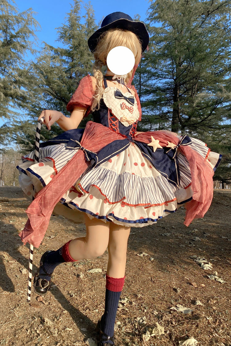 Multicolor Circus Print Puff-Sleeved Lolita Dress with Bow Accents
