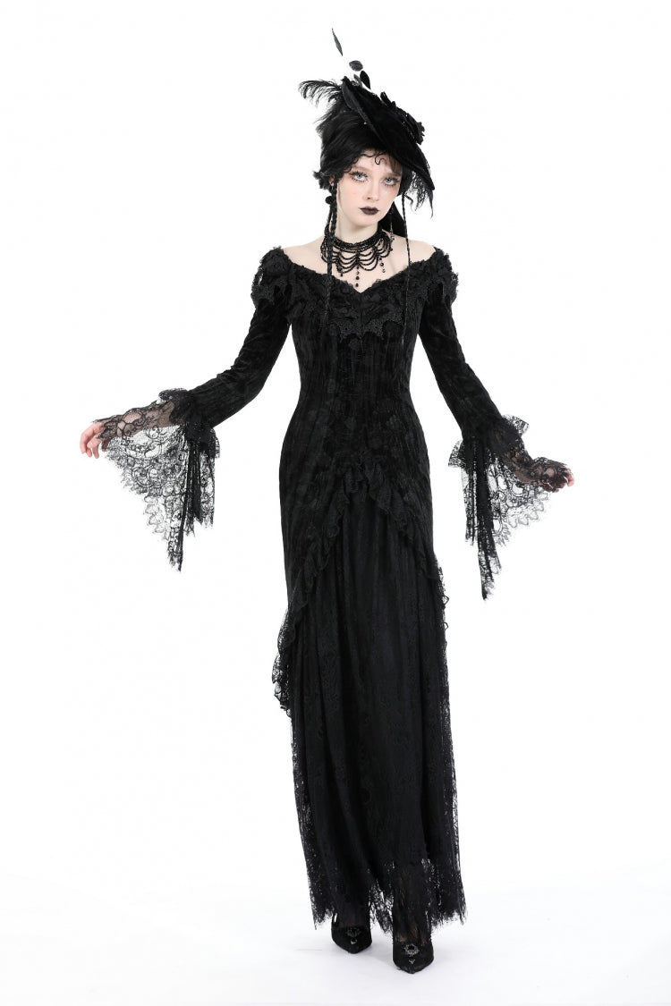 Off Shoulder Lace Long Trumpet Sleeves Lace-Up Gothic Bodycon Dress