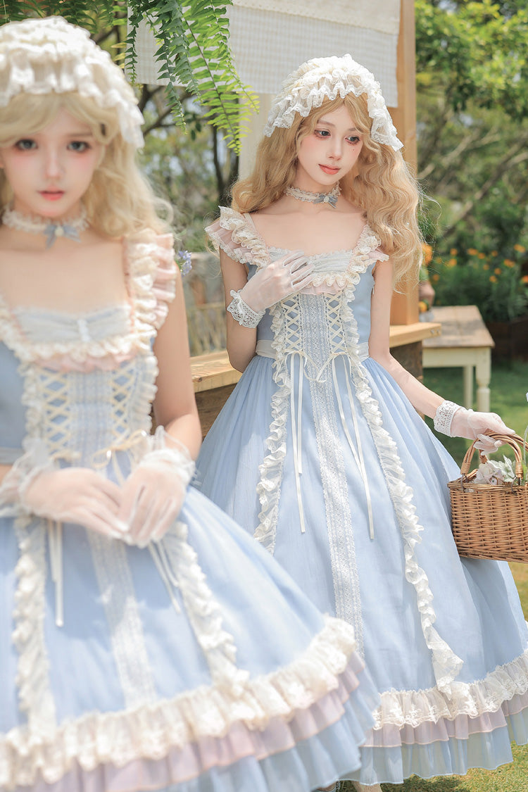 Island Diary Square Collar Flutter Sleeves Triple-Layered Ruffled Lace-Up Sweet Lolita Jsk Dress 2 Versions - Blue