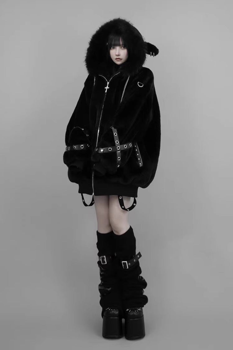 Black Hooded Coat with Lamb Ears and Rivet Details