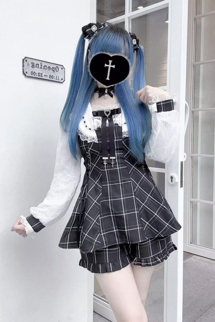 Gothic Square-Collar Print Bow Lace Pearl Jirai Kei Dress with Shorts