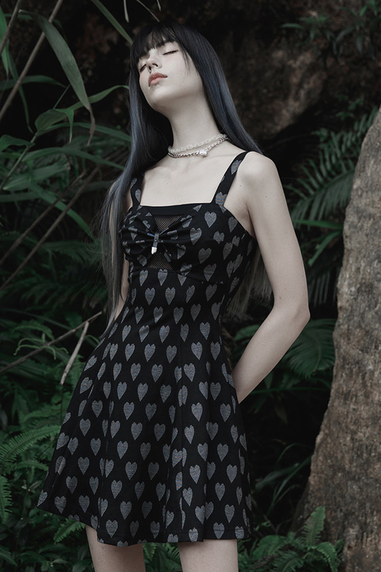 Heart Print Suspender Hollow Mesh PU Buckle Bow Dress - Punk