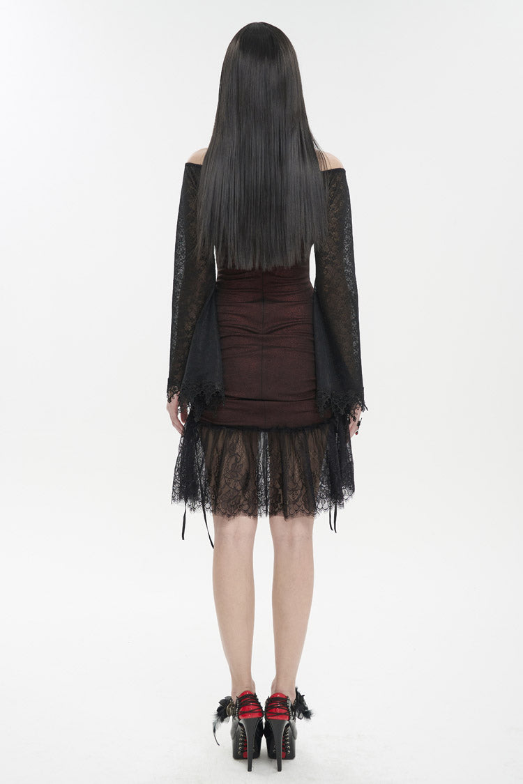 Red Textured One-Shoulder Lace Bell Sleeve Gothic Dress