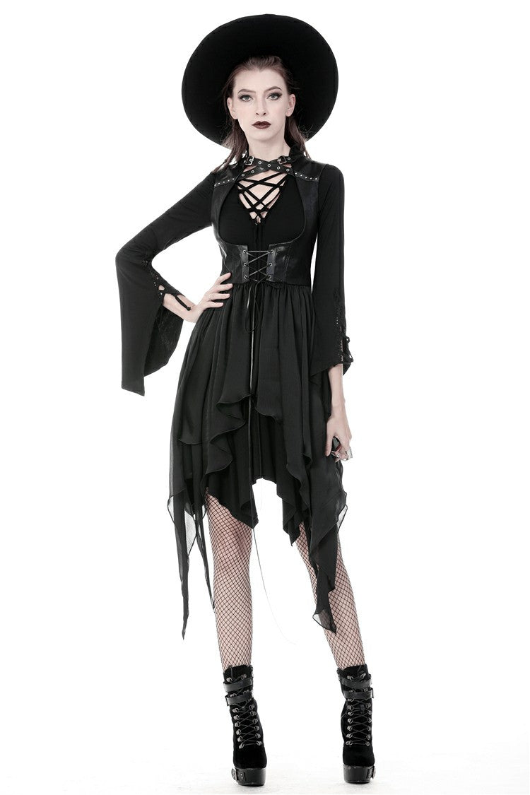 Punk Jacket with Cut-Out Chest Irregular Hem Lace-Up Buckles
