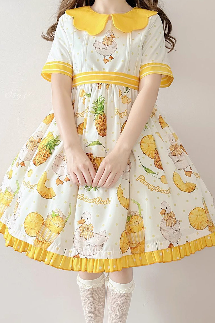 Ivory and Yellow Short Sleeve Duck Print Ribbon Sweet Lolita One-Piece