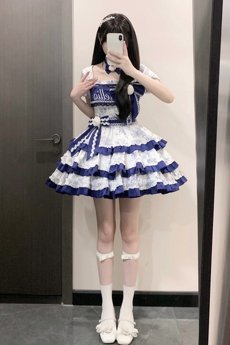 Cerulean and Ivory Porcelain Print Multi-Layer Ruffle Embroidery Bow Sweet Lolita Dress