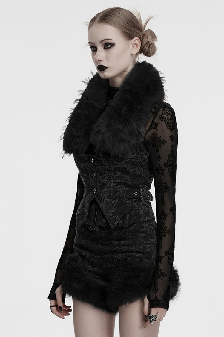 Dark Black Faux Fur Collar Jacquard Sleeveless Halter Gothic Top